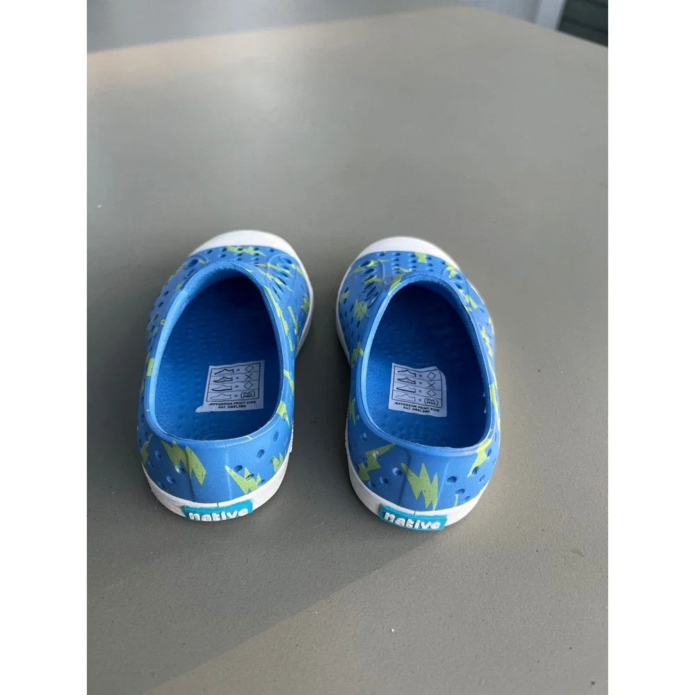 Native Jefferson Print Kids Blue Green Lightning Bolt Slip On Shoes Size C5